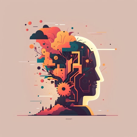 Abstract human head with gears and brain. Artificial intelligence concept. Vector illustration.の素材