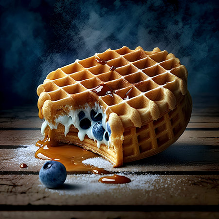 Belgian waffles with blueberries and caramel on a wooden backgroundの素材