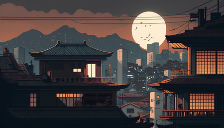 Night view of the old Chinese city. Vector illustration in retro style.の素材