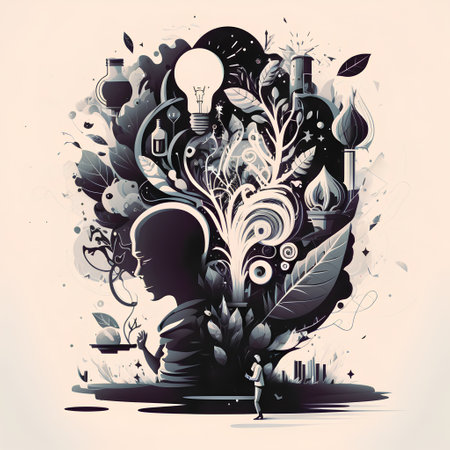 Vector illustration of a man and a bulb in the form of a tree.の素材