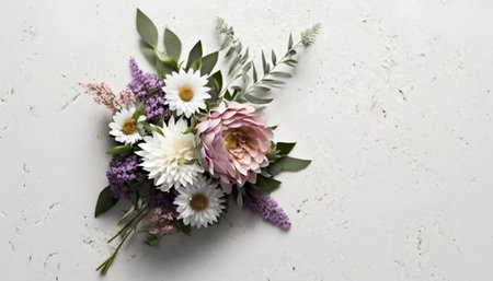 Bouquet of flowers on white background. Flat lay, top viewの素材