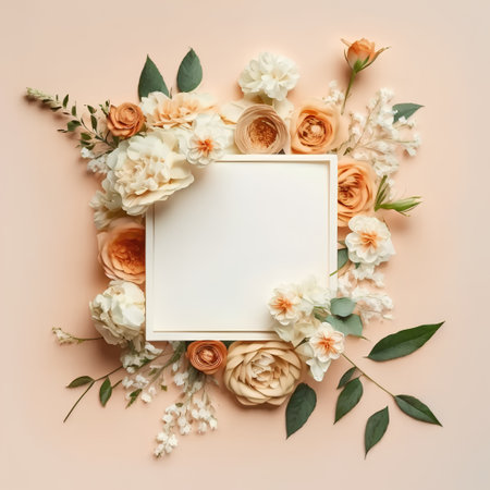 Flowers composition. Frame made of flowers on pastel beige background. Flat lay, top view, copy spaceの素材