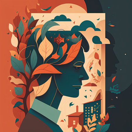 Autumn cityscape with trees, leaves and woman face. Vector illustrationの素材
