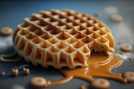 Waffles with caramel on a black background. Selective focus.の素材