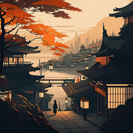 Ancient town of Suzhou, China. Vector illustration in retro styleの素材