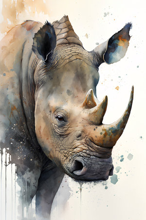 illustration of a rhinoceros head on watercolor backgroundの素材