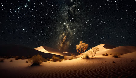 Desert landscape with starry sky and milky way over sand dunesの素材