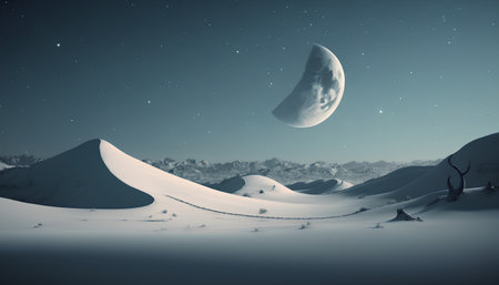 Fantasy winter landscape with moon and snowy mountains. 3d renderの素材