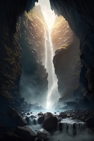 Fantasy landscape with a waterfall in a cave. 3d renderingの素材