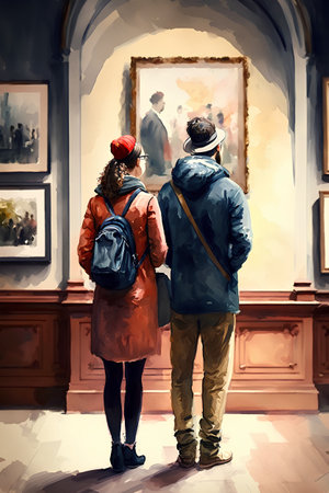 Man and woman looking at paintings in gallery. Digital painting illustration.の素材