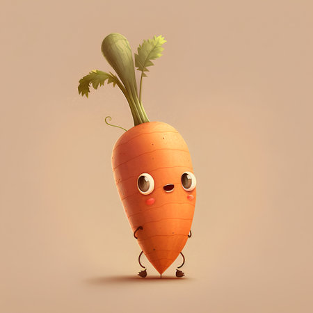 Cute carrot with green leaves and funny face. Vector illustration.の素材