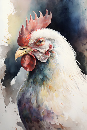 Watercolor painting of rooster on textured background. Hand drawn illustration.の素材