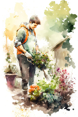 Gardener working in the garden, watercolor painting, vector illustrationの素材