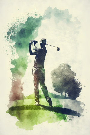 Golfer playing golf on green grass with watercolor background.の素材