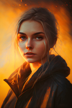 Portrait of a beautiful girl in a black jacket on a background of smokeの素材