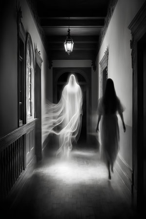 Ghost in the hall of an old house with a woman in the backgroundの素材