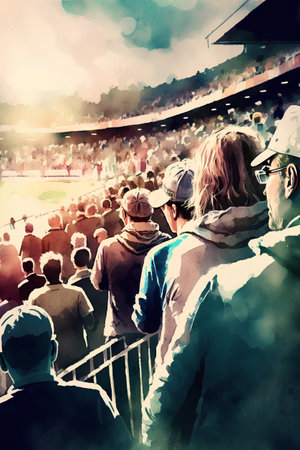 Crowd of people watching a football match. Digital watercolor painting.の素材