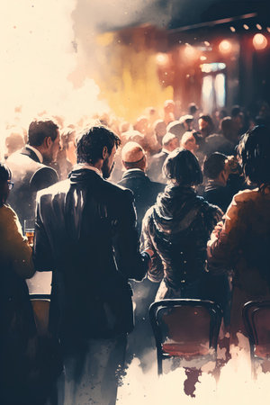 Crowd of people watching movie in cinema. Digital painting illustration.の素材