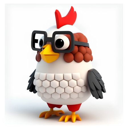 funny cartoon chicken wearing glasses on white background. 3d illustrationの素材