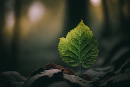 Green leaf in the dark forest. Autumn concept. Selective focus.の素材