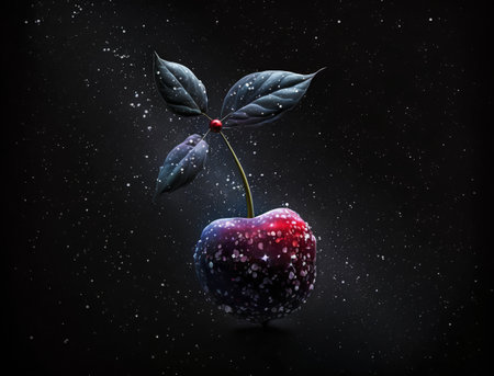 Red cherry on the black background with stars. Elements of this image furnished by NASAの素材