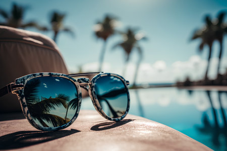 Sunglasses with reflection of palm trees on the swimming pool backgroundの素材