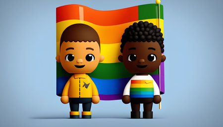 3d illustration of an African American boy and a girl holding a rainbow flagの素材