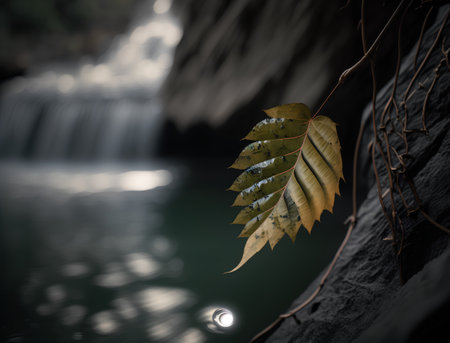 Autumn leaf on a rock in front of a waterfall in the forestの素材