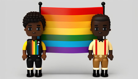3d illustration of gay couple holding flag of lgbt communityの素材