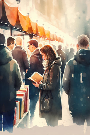 Digital watercolor painting of a young woman with a book at the fair.の素材