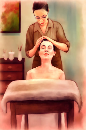 Beautiful young woman having a facial massage in a beauty salon.の素材