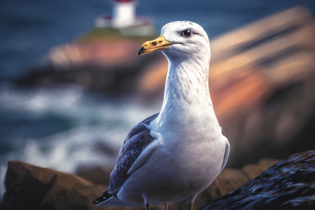 Seagull on the rocks in front of the lighthouse. 3d renderingの素材