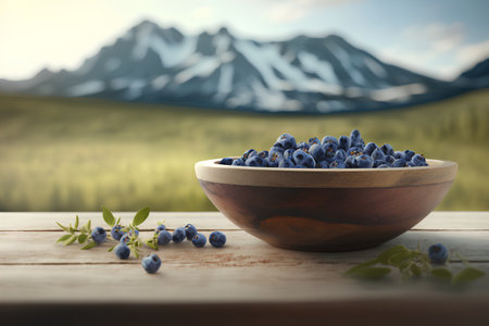 Blueberries in a wooden bowl on a wooden table in front of a mountain landscape.の素材