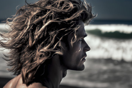 Portrait of handsome young man with wet hair on the beach.の素材