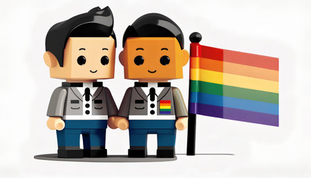 Illustration of a gay couple holding a gay flag on a white backgroundの素材