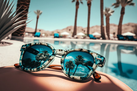 Sunglasses on the woman's hand on the background of a swimming pool.の素材