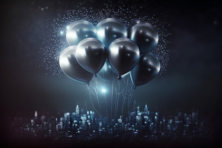 Background image with shiny silver balloons and city at night  3D renderingの素材