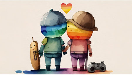Watercolor illustration of a cute boy and girl with a suitcase and a cameraの素材