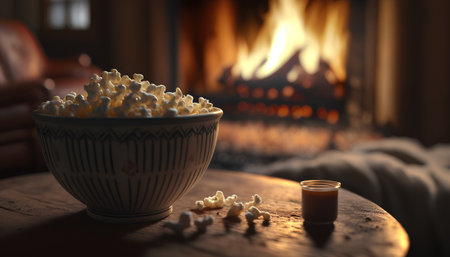 Bowl of popcorn on a wooden table in front of a fireplaceの素材