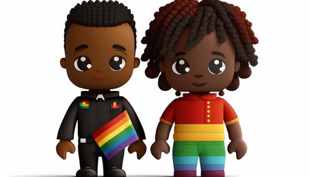 couple of black kids with a rainbow flag in their hands on a white backgroundの素材