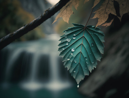 Water drops on a green leaf with a waterfall in the background.の素材