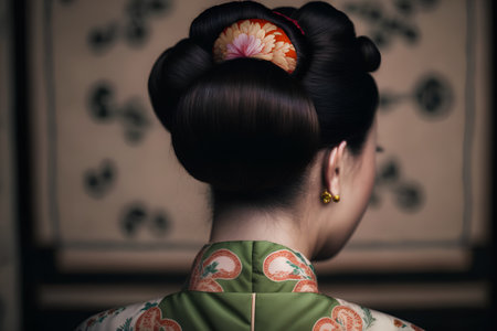Retro woman in traditional Japanese kimono. Back view.の素材
