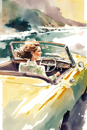 Beautiful young woman driving a convertible car on the beach. Watercolor illustrationの素材