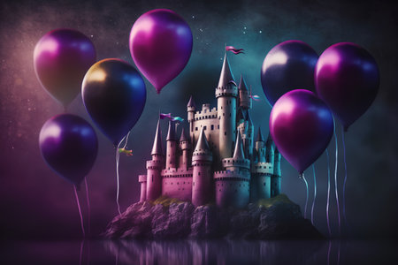Magic fairy tale castle with balloons in the sky. Fairy tale concept.の素材