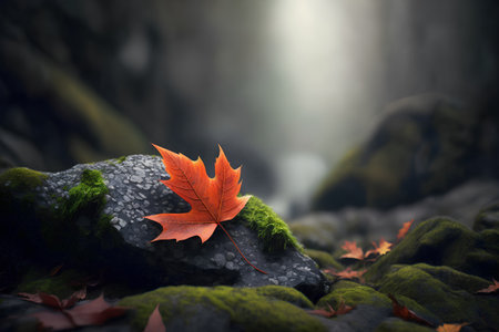 Autumn maple leaf on moss covered rock in forest. 3d renderingの素材
