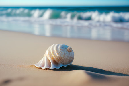 Beautiful seashell on the sandy beach. Sea and waves backgroundの素材