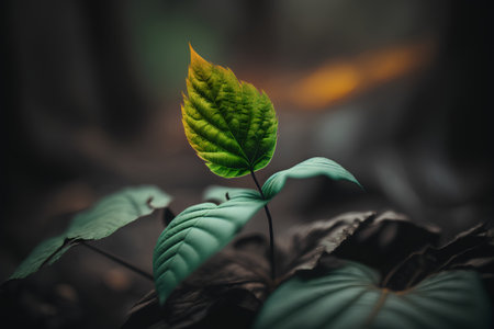 Close up of green leaf on blurred nature background. Ecology concept.の素材