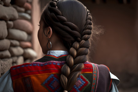 A girl with braids in a national costume stands in the village.の素材
