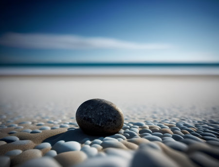 zen stones on the seashore with blue sky and sea backgroundの素材
