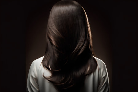 Young woman with long brown hair on dark background. Back view.の素材